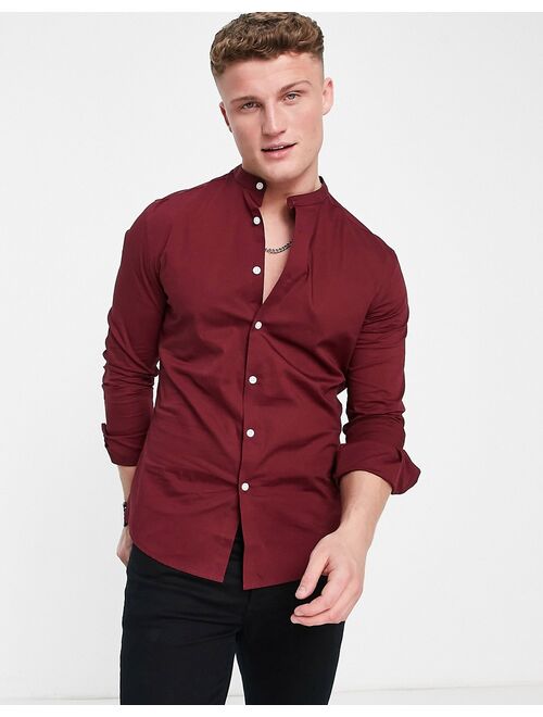 ASOS DESIGN stretch skinny fit shirt in burgundy with grandad collar