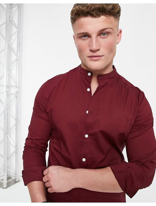 ASOS DESIGN stretch skinny fit shirt in burgundy with grandad collar