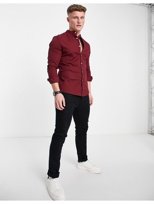 ASOS DESIGN stretch skinny fit shirt in burgundy with grandad collar