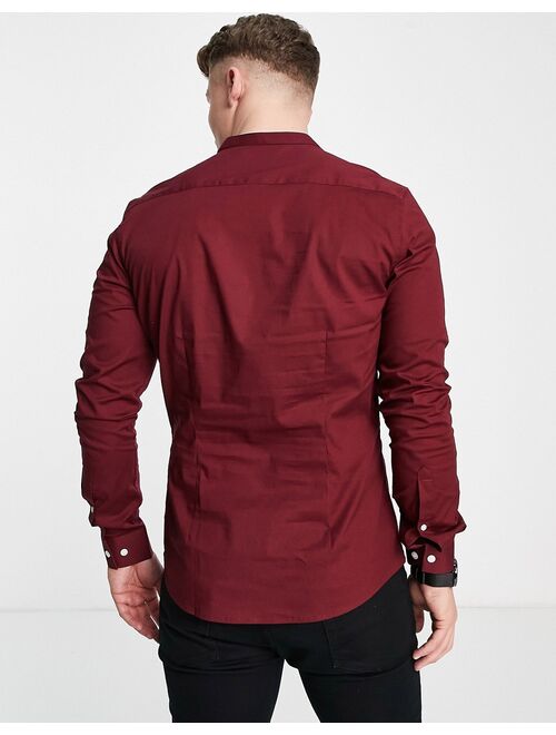 ASOS DESIGN stretch skinny fit shirt in burgundy with grandad collar