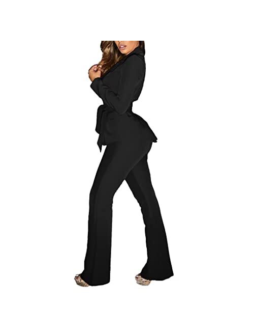 Kafiloe Women Sexy 2 Piece Outfits Long Sleeve Blazer Set with Wide Leg Flare Pantsuit Elegant Work Business Suit