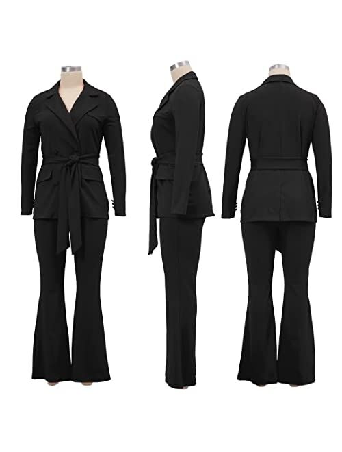 Kafiloe Women Sexy 2 Piece Outfits Long Sleeve Blazer Set with Wide Leg Flare Pantsuit Elegant Work Business Suit