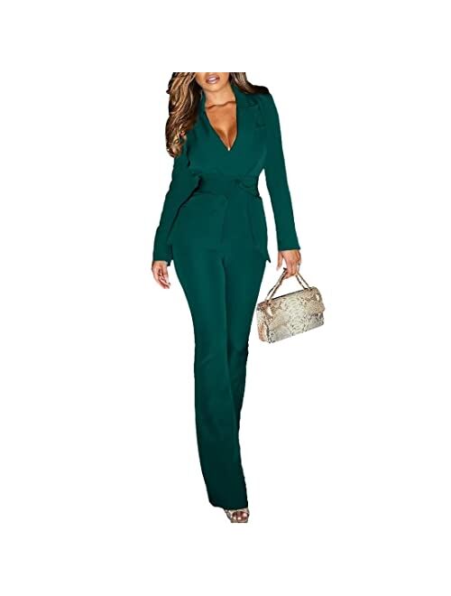 Kafiloe Women Sexy 2 Piece Outfits Long Sleeve Blazer Set with Wide Leg Flare Pantsuit Elegant Work Business Suit