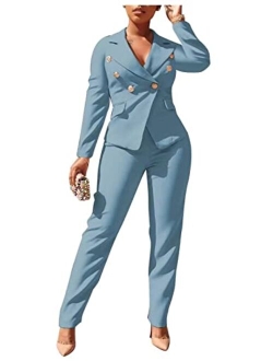 Womens Casual 2 Piece Outfits Business Office Button Down Blazer and Pant Suits Set