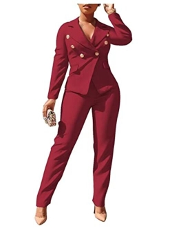 Womens Casual 2 Piece Outfits Business Office Button Down Blazer and Pant Suits Set