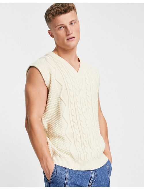 ASOS DESIGN oversized heavyweight cable knit v-neck tank in ecru