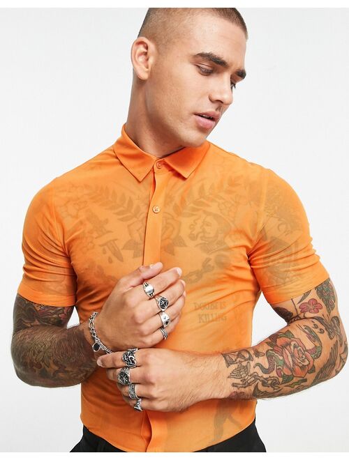 ASOS DESIGN super skinny mesh shirt in bright orange