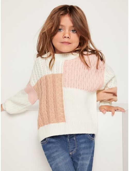 SHEIN Toddler Girls Colorblock Cable Knit Drop Shoulder Sweater