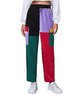 Women's Casual Color Block Drawstring Waist Corduroy Pants with Pocket