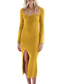 Women's 2023 Fall Bell Long Sleeve Sweetheart Neck Slim Fit Ribbed Knit Side Slit Bodycon Midi Sweater Dress