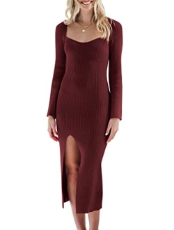 Women's 2023 Fall Bell Long Sleeve Sweetheart Neck Slim Fit Ribbed Knit Side Slit Bodycon Midi Sweater Dress