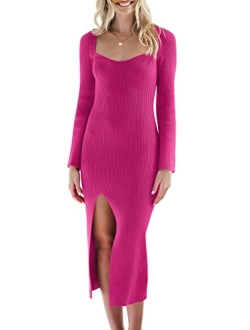 Women's 2023 Fall Bell Long Sleeve Sweetheart Neck Slim Fit Ribbed Knit Side Slit Bodycon Midi Sweater Dress