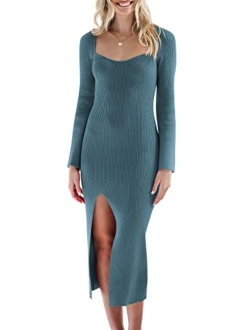 Women's 2023 Fall Bell Long Sleeve Sweetheart Neck Slim Fit Ribbed Knit Side Slit Bodycon Midi Sweater Dress