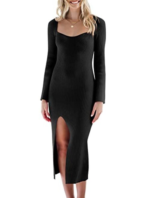 ANRABESS Women's 2023 Fall Bell Long Sleeve Sweetheart Neck Slim Fit Ribbed Knit Side Slit Bodycon Midi Sweater Dress