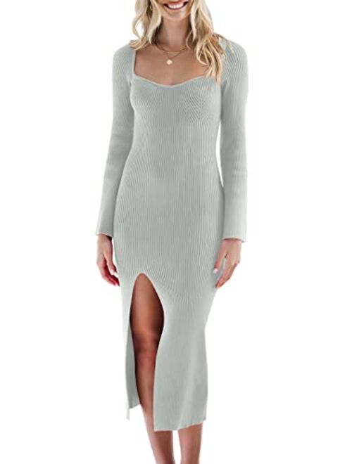 ANRABESS Women's 2023 Fall Bell Long Sleeve Sweetheart Neck Slim Fit Ribbed Knit Side Slit Bodycon Midi Sweater Dress