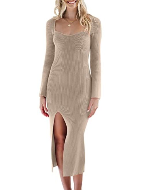 ANRABESS Women's 2023 Fall Bell Long Sleeve Sweetheart Neck Slim Fit Ribbed Knit Side Slit Bodycon Midi Sweater Dress