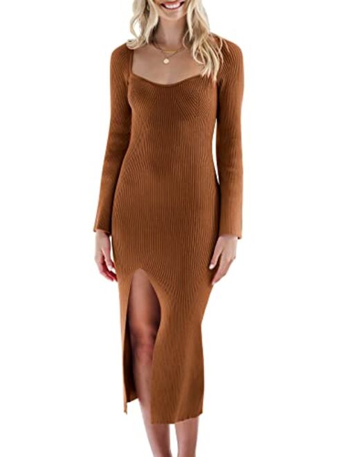 ANRABESS Women's 2023 Fall Bell Long Sleeve Sweetheart Neck Slim Fit Ribbed Knit Side Slit Bodycon Midi Sweater Dress