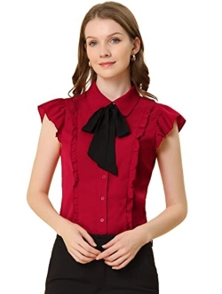 Women's Ruffles Cap Sleeve Tops Tie Neck Button Up Peter Pan Collar Blouse Shirts