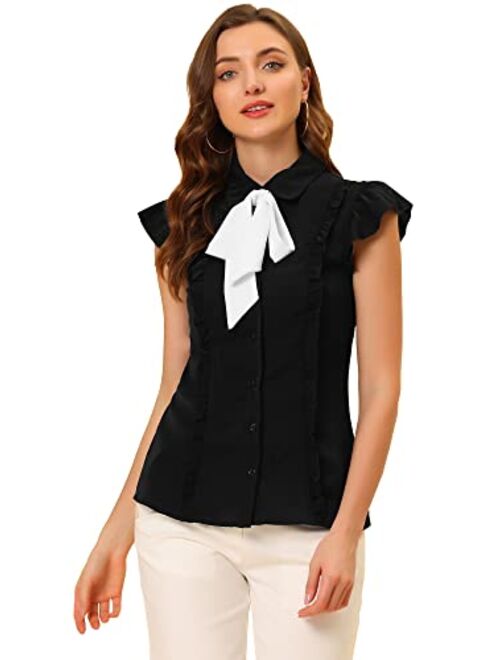 Allegra K Women's Ruffles Cap Sleeve Tops Tie Neck Button Up Peter Pan Collar Blouse Shirts