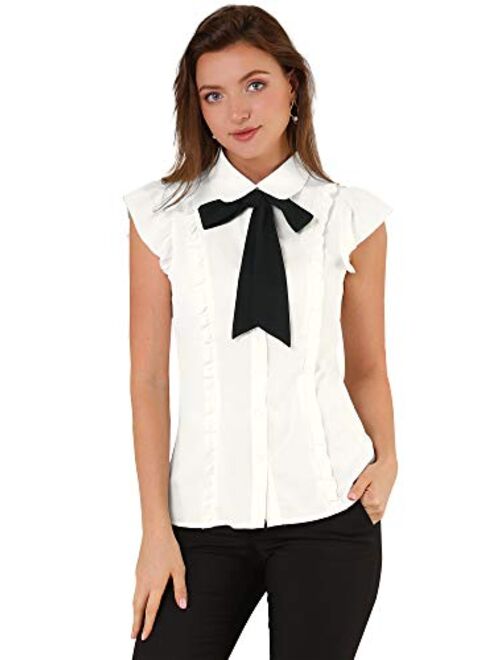 Allegra K Women's Ruffles Cap Sleeve Tops Tie Neck Button Up Peter Pan Collar Blouse Shirts