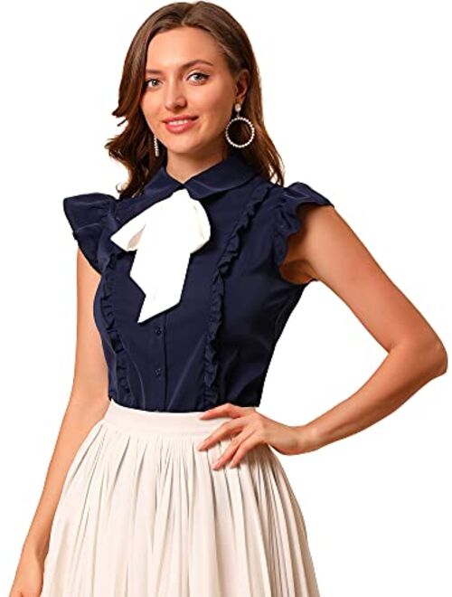 Allegra K Women's Ruffles Cap Sleeve Tops Tie Neck Button Up Peter Pan Collar Blouse Shirts