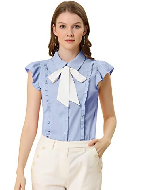 Allegra K Women's Ruffles Cap Sleeve Tops Tie Neck Button Up Peter Pan Collar Blouse Shirts