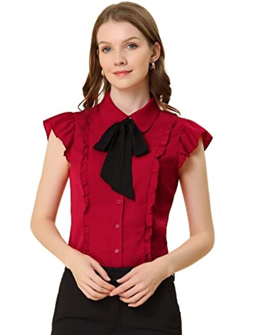 Allegra K Women's Ruffles Cap Sleeve Tops Tie Neck Button Up Peter Pan Collar Blouse Shirts