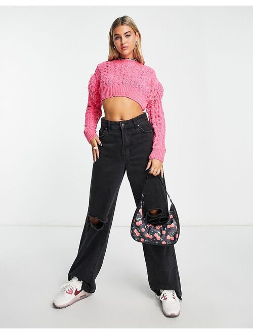 ASOS DESIGN crop cable sweater with fringe in chenille yarn in pink