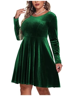 IN'VOLAND Women's Plus Size Velvet Dress A Line Long Sleeve Elegant Cocktail Party Midi Dresses