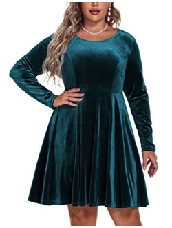 IN'VOLAND Women's Plus Size Velvet Dress A Line Long Sleeve Elegant Cocktail Party Midi Dresses