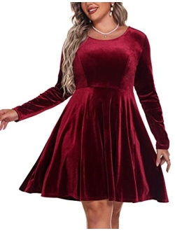 IN'VOLAND Women's Plus Size Velvet Dress A Line Long Sleeve Elegant Cocktail Party Midi Dresses