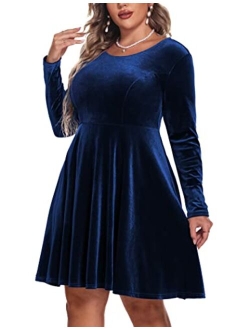 IN'VOLAND Women's Plus Size Velvet Dress A Line Long Sleeve Elegant Cocktail Party Midi Dresses