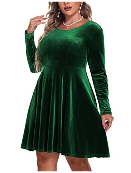 IN'VOLAND Women's Plus Size Velvet Dress A Line Long Sleeve Elegant Cocktail Party Midi Dresses