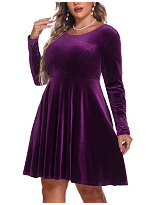 IN'VOLAND Women's Plus Size Velvet Dress A Line Long Sleeve Elegant Cocktail Party Midi Dresses