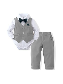 DISAUR Baby Boy Clothes Toddler Boy Outfits, 4PC Gentleman Dress Romper + Vest + Pants + Bow Tie Cotton Suit Set