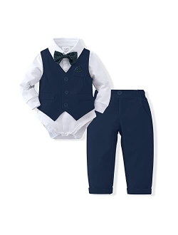 DISAUR Baby Boy Clothes Toddler Boy Outfits, 4PC Gentleman Dress Romper + Vest + Pants + Bow Tie Cotton Suit Set