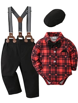 DISAUR Baby Boy Clothes Toddler Boy Outfits, 4PC Gentleman Dress Romper + Vest + Pants + Bow Tie Cotton Suit Set