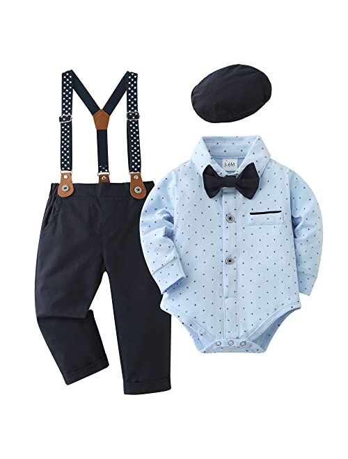 DISAUR Baby Boy Clothes Toddler Boy Outfits, 4PC Gentleman Dress Romper + Vest + Pants + Bow Tie Cotton Suit Set