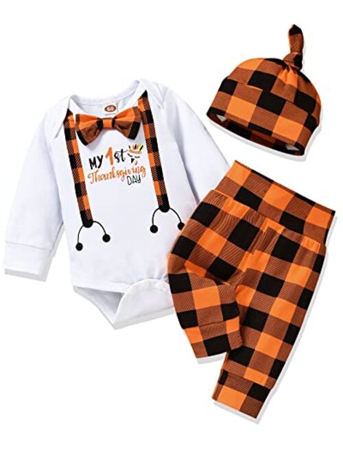 Fioukiay Preemie Newborn Baby Boys Thanksgiving Christmas Outfits Infant My First Thanksgiving Clothes Plaid Pants Set with Hat