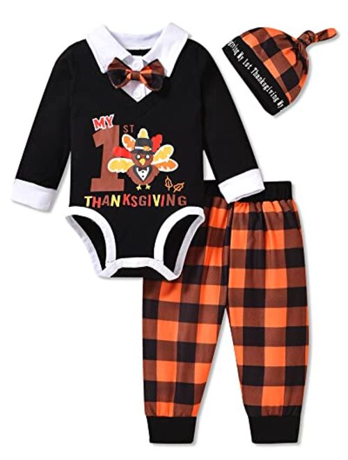 Fioukiay Preemie Newborn Baby Boys Thanksgiving Christmas Outfits Infant My First Thanksgiving Clothes Plaid Pants Set with Hat