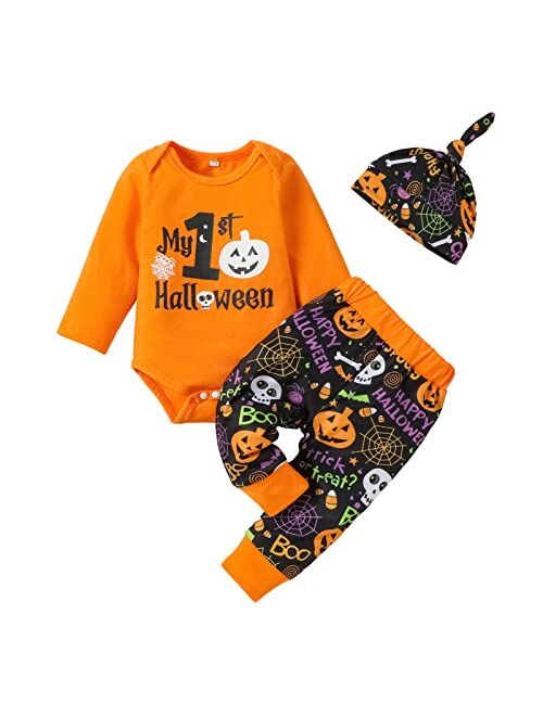 Fairy Baby Infant Baby Boy My First Halloween Outfits Newborn Bowtie Pumpkin Romper Skull Stirped Pants Set with Hat 0-18Months