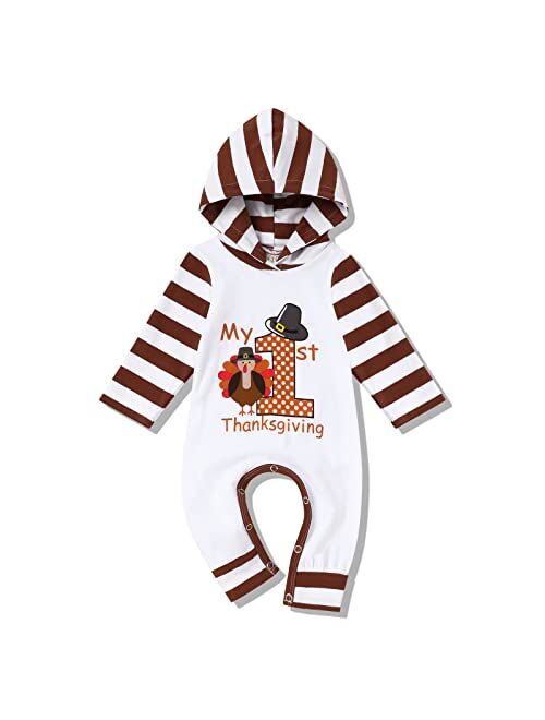 Litpiwo My First Thanksgiving Baby Girl Boy Newborn Embroidery Clothes Set Long Sleeve Baby Outfits Set Hooded Romper Jumpsuit