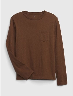 Kids 100% Organic Cotton Solid Crew Neck Long Sleeve Plus Size Pocket T-Shirt