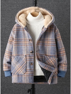 Boys 1pc Plaid Dual Pocket Contrast Teddy Hooded Overcoat