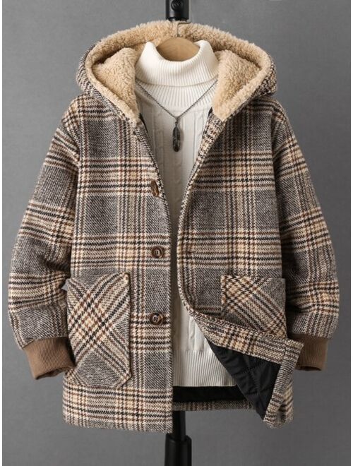 Shein Boys 1pc Plaid Dual Pocket Contrast Teddy Hooded Overcoat