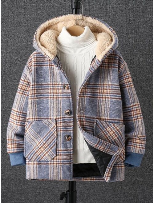 Shein Boys 1pc Plaid Dual Pocket Contrast Teddy Hooded Overcoat