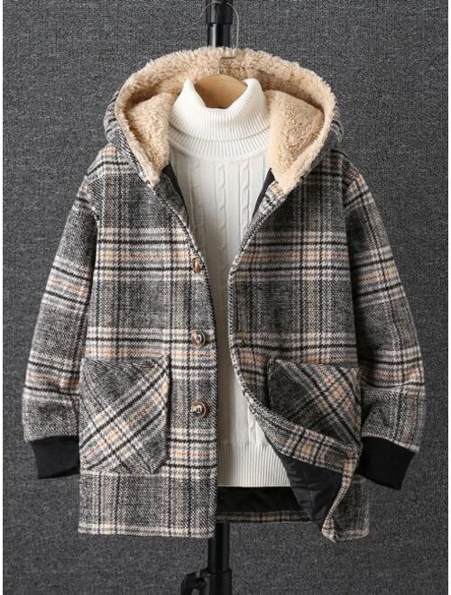 Shein Boys 1pc Plaid Dual Pocket Contrast Teddy Hooded Overcoat