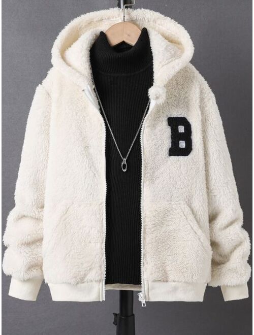 Shein Boys Letter Patched Hooded Teddy Jacket Without Sweater