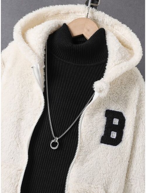 Shein Boys Letter Patched Hooded Teddy Jacket Without Sweater