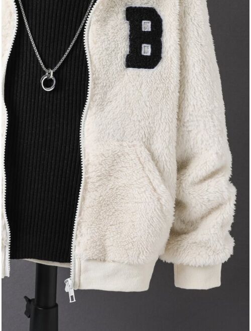 Shein Boys Letter Patched Hooded Teddy Jacket Without Sweater